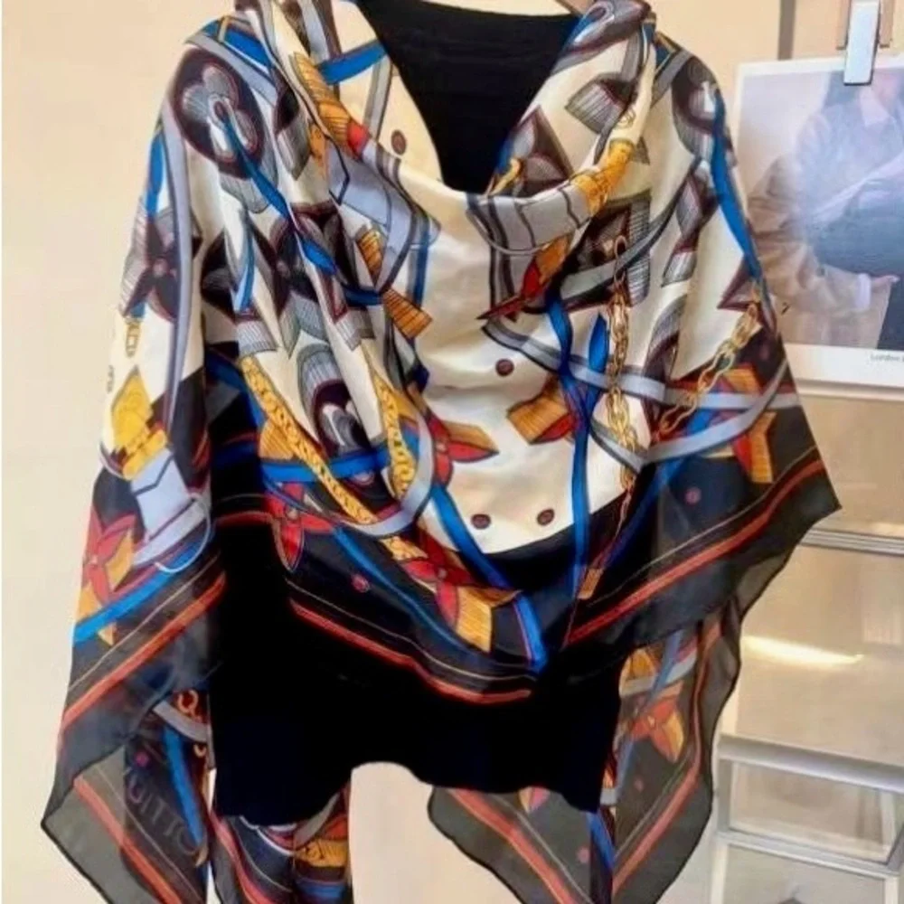 L V Flowers and Leaves Pattern Silk Scarf